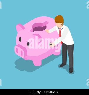 Wohnung 3 d isometrische Geschäftsmann mit Stethoskop Sparschwein Gesundheit zu prüfen. Das Finanzkonzept. Stock Vektor