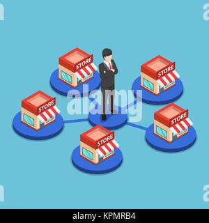 Wohnung 3 d isometrische Geschäftsmann stehend mit Shopping store Netzwerk. Franchise Konzept. Stock Vektor