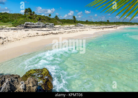 Wild tropischen Sandstrand mit türkisfarbenem Wasser. Karibische Meer in Playa del Carmen, Yucatan, Mexiko. Stockfoto