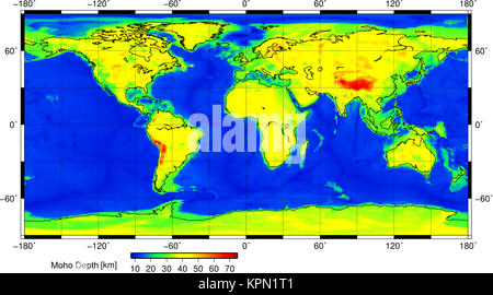 Dies ist eine geophysikalische Karte zeigt die Position der Moho Diskontinuität über die Erde. Der Moho ist die Grenze zwischen Erdkruste und Erdmantel. Suche bin ohorovi? Ich? Diskontinuität' für mehr Informationen. Diese Karte wurde mit der Kruste 1.0 Modell gebaut und Generic Mapping Tools (GMT) für Linux. Es war an der Christian-Albrechts-Universität zu Kiel, Deutschland. Stockfoto