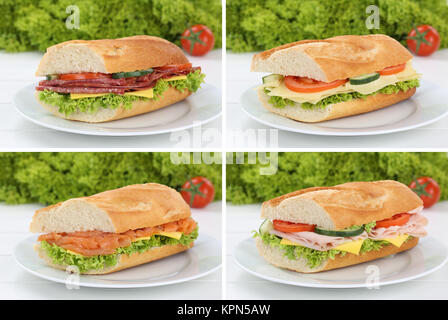 Collage von Baguette zum Frühstück auf einer Platte mit Salami, Schinken, Fisch und Käse Stockfoto