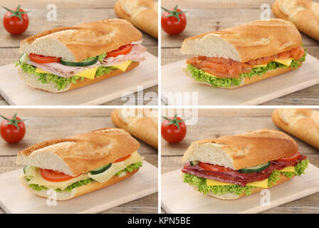 Collage von Baguette zum Frühstück belegt mit Salami, Schinken, Fisch und Käse Stockfoto