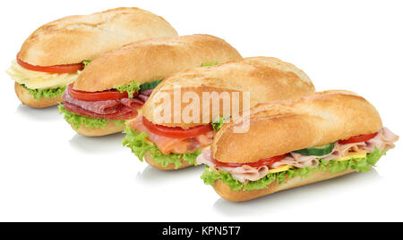 Collage belegte Brötchen mit Salami, Lachs, Schinken und Käse geschnitten Stockfoto