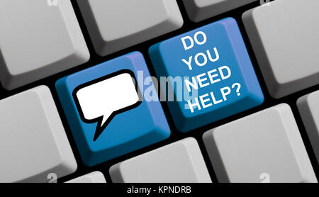 Blaue Tastatur mit Sprechblasen Symbol zeigt Brauchen Sie Hilfe? Stockfoto