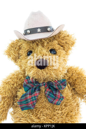 Close up cowboy Teddybär auf Weiß Stockfoto