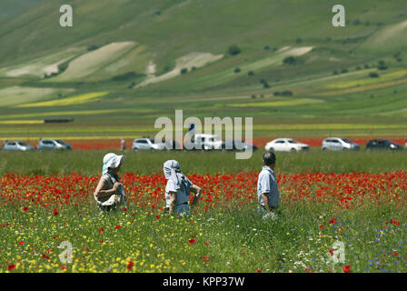 Besucher in den verwinkelten Bereichen Castelluccio Di Norcia, Pian Grande, Sibillini Mountains National Park, Umbrien, Italien, Europa Stockfoto