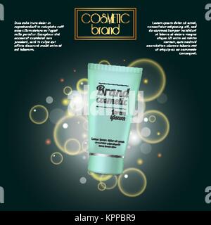 3D realistische kosmetische Flasche ads Vorlage. Kosmetische Marke Werbung Konzept Design mit Blasen und funkelt. Stock Vektor