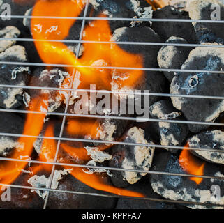 Brennende Feuer und Grill closeup Stockfoto