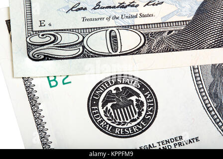 Die zwanzig Dollar bill Banknote in der Nähe der Dichtung der Federal Reserve Stockfoto