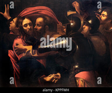 Der Kuß des Judas/El Beso de Judas von Michelangelo Merisi da Caravaggio. italienischer Maler Malerei aus dem 17. Jahrhundert. Stockfoto