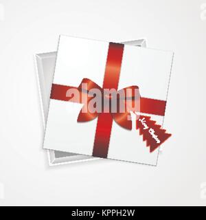 Weiß Geschenkbox mit roter Schleife und Red Label in Form von einem Weihnachtsbaum mit der Aufschrift Frohe Weihnachten liegen auf einem weißen Hintergrund Modus Stock Vektor