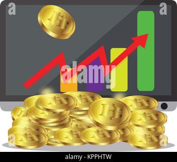 Bitcoin Wachstum Konzept Zahlung und Handel auf dem Computer Symbol Bitcoin einnahmen Abbildung: Stapel von Goldmünzen wie Einkommen Graph mit bitcoinVector krank Stock Vektor
