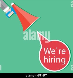 Wir Einstellung verkünden Poster Vektor. Ansage mit Megafon und Sprechblase wir ein: Nachricht Abbildung Stock Vektor