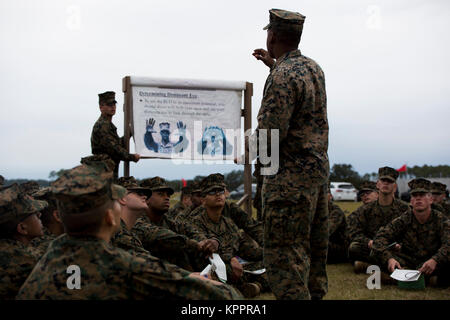 Us Marine Corps Cpl. Cedric Xavier Hart, eine primäre Treffsicherheit Ausbilder mit Treffsicherheit Training Company, Waffen und Ausbildungsmaßnahmen Bataillon, lehrt Rekruten von Kilo Unternehmen, 3. rekrutieren Ausbildung Bataillon, über Treffsicherheit Grundlagen 28.11.2017, Auf Parris Island, S.C. für eine Woche, Rekruten zu lernen und die Grundlagen der Treffsicherheit üben, bevor das Schießen mit scharfer Munition in der folgenden Woche. Hart, 24, ist von Nashville, Tenn Kilo Unternehmen ist zu graduieren, Jan. 12, 2018 geplant. Parris Island ist der Aufstellungsort des Marine Corps, Ausbildung rekrutieren seit Nov. 1, 1915. Heute, ca. Stockfoto