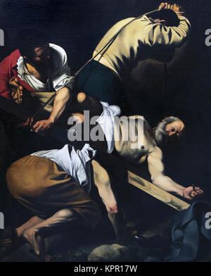 Die Kreuzigung des hl. Petrus/Kreuzigung de San Pedro von Michelangelo Merisi da Caravaggio 1571-1610. italienischer Maler Malerei aus dem 17. Jahrhundert. Stockfoto