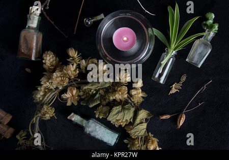 Magische Zutaten auf schwarz Tisch, getrocknete Kräuter Stockfoto