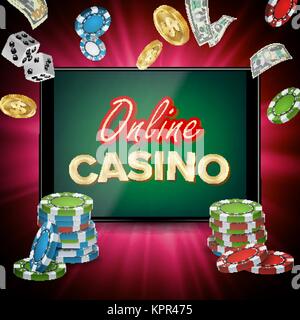 Online Casino Banner Vektor. Realistische Tablet. Flying Dollar Münzen, Banknoten, die Explosion. Sieger Konzept. Jackpot Reklametafeln, Marketing Luxus Abbildung. Stock Vektor