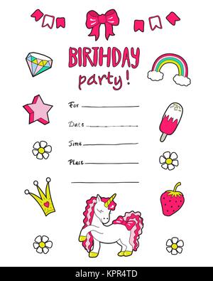 Girl's Party Einladung mit niedlichen Aufkleber. Vektor. Stock Vektor