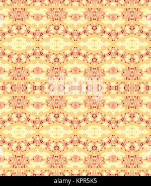 Abstrakte geometrische nahtlose Hintergrund. Reich verzierte Diamond und Zick-Zack-Muster in gelb, beige und rosa Farbtönen auf Pfirsich Farbe. Stockfoto