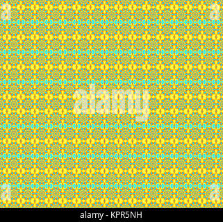 Abstrakte geometrische nahtlose Hintergrund. Regelmäßige Blumenmuster, Blüten und Blättern Hellblau und Orange mit rot Umrisse auf leuchtend gelb. Stockfoto