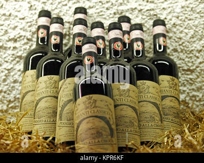 Rotwein in Flaschen Wein Shop. Montespertoli, Toskana, Italien Stockfoto