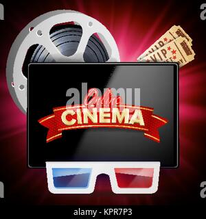 Online Kino Plakat Vektor. Moderne Mobile Tablet-Konzept. Realistische Kinematografie Theme Design. Werbung Konzept Abbildung. Stock Vektor
