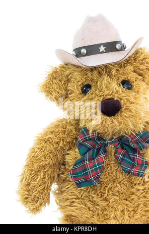 Close up cowboy Teddybär auf Weiß Stockfoto