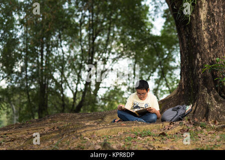 Junge asiatische Junge liest ein Buch unter einem Baum. Bildung Konzept Stockfoto