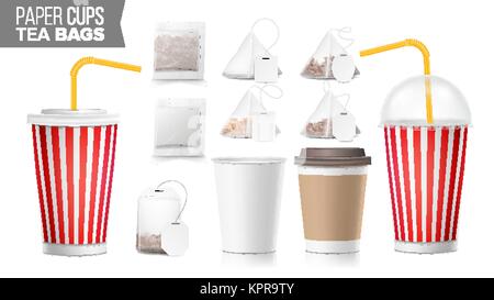 Realistische leer Ocker Pappbecher Vektor. Teebeutel Mock Up. Kaffee Tasse leer. Soda, alkoholfreie Getränke Tasse Vorlage. Rohr Stroh. 3D-Objekt isoliert auf Weiss. Fast Food Abbildung Stock Vektor