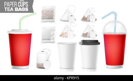 Take-out-ocker Pappbecher, Teebeutel Mock Up Vektor. Große kleine Kaffeetasse. Cola, alkoholfreie Getränke Tasse Vorlage. Rohr Stroh. 3D-Karton Objekt. Isolierte Abbildung Stock Vektor