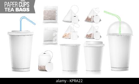 Einweg-pappbecher und Teebeutel Set Vektor. Kunststoffabdeckungen. Nehmen Sie alkoholfreie Getränke Tasse Vorlage. Offene und geschlossene Papier Becher leer. Realistische isoliert Vector Illustration. Stock Vektor