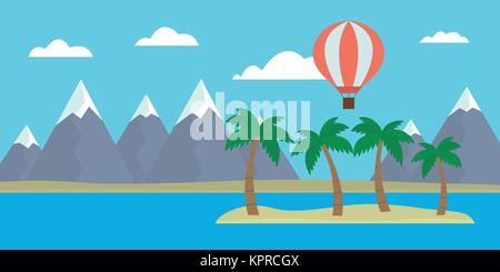 Cartoon Vector Illustration der tropischen Insel mit Hügeln und Palmen und Heißluftballon fliegen zwischen Wolken am blauen Himmel - geeignet für advertis Stock Vektor