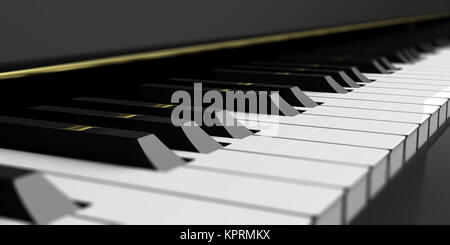 Piano keys in der Nähe auf einem schwarzen Klavierlack. 3D-Darstellung Stockfoto