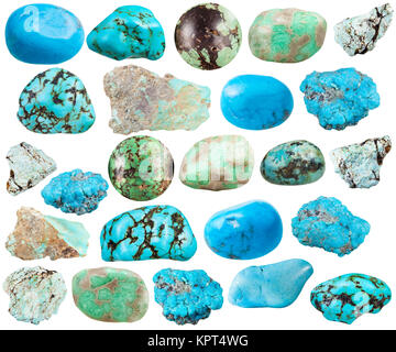 Satz von verschiedenen Türkis und Nachahmung der natürlichen mineralischen Steine (howlite, turquenite, Variscite) Edelsteine auf weißem Hintergrund Stockfoto