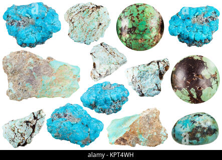 Reihe von verschiedenen Türkis natürliche Mineralien und Edelsteine, die isoliert auf weißem Hintergrund Stockfoto