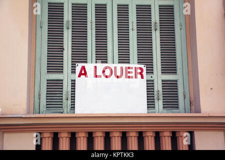 Wohnung zu vermieten Schild in Nizza Frankreich Stockfoto