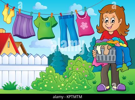 Frau mit Wäsche im Freien Stockfoto