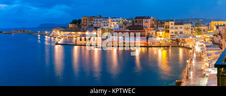 Panorama Abend venezianischen Kai, Chania, Crete Stockfoto