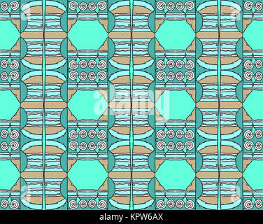 Abstrakte geometrische nahtlose Hintergrund, Zeichnung. Regelmäßige Sechseck und spiralförmige Muster mit wiggly Linien in Türkis, hellgrün, mint grün, braun und rosa. Stockfoto