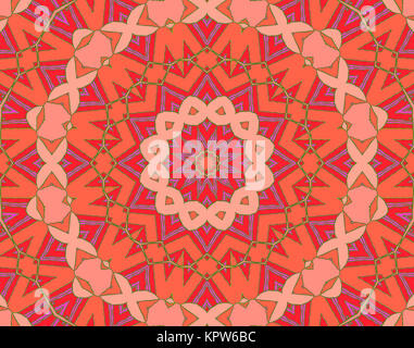 Abstrakte geometrische nahtlose Hintergrund, Zeichnung. Konzentrischen Kreis Ornament in Sternform mit pink, violett, orange und rot und grün skizziert, verzierte und auffällig. Stockfoto