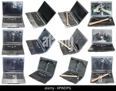 Von alten kaputten Notebooks isoliert auf weiß gesetzt Stockfoto