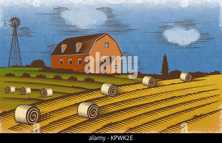 Bauernhof-Landschaft. Gravierte Farbe-Vektor-Illustration. Stockfoto