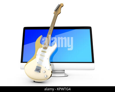 Digitale Gitarre - A alle auf einem Computer mit einer Gitarre. 3D Illustration. Isoliert auf weiss. Stockfoto