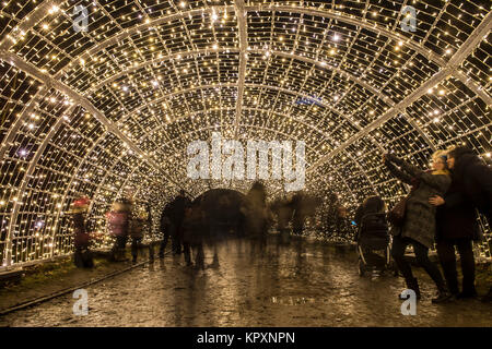 Berlin, Deutschland. 17 Dez, 2017. Die Besucher gehen durch ein Licht tunnel im botanischen Garten in Berlin, Deutschland, 17. Dezember 2017. Die Besucher können die mehr als eine Millionen Lichter in der Weihnachtszeit Garten bis 07. Januar 2018 zu bewundern. Credit: Paul Zinken/dpa/Alamy leben Nachrichten Stockfoto