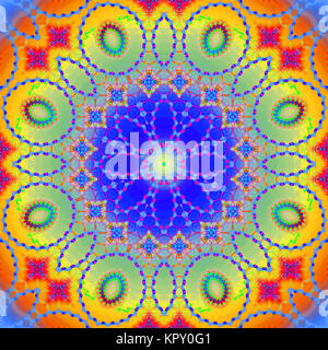 Abstrakte geometrische nahtlose Hintergrund. Bunte Kreis ornament Dunkelblau, Hellgrün, Gelb, Orange und Rot mit violetten Elemente, verzierte und verträumt. Stockfoto