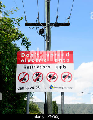 Schild am Straßenrand Warnung Nicht elektrische Ameisen, die eine eingeführte Arten aus Südamerika ausbreiten, Far North Queensland, FNQ, QLD, Australien Stockfoto