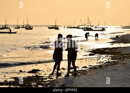 Sonnenaufgang am Meer in Sansibar, tropischen Insel paradize von Tansania. Touristen herauf Schalen in der Morgendämmerung. Stockfoto