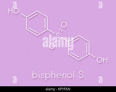 Bisphenol A S (BPS) Weichmacher Molekül. Als Vernetzer in Epoxy Kleber und als Alternative zu BPA verwendet. Skelettmuskulatur Formel. Stockfoto