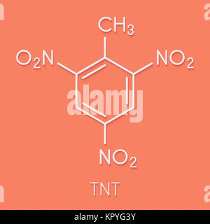 Trinitrotoluol (TNT) hoch explosiven Molekül. Skelettmuskulatur Formel. Stockfoto