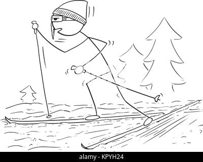 Cartoon stick Mann Zeichnung Abbildung der männlichen Langlaufen im kalten Winter Sport. Stock Vektor